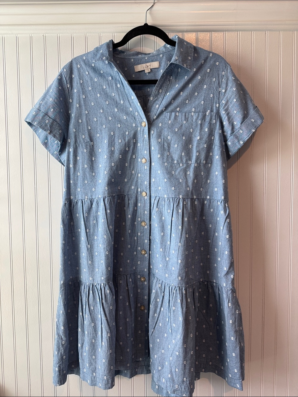 LOFT chambray Polka Dot Button-Front Tiered Shirt Dress